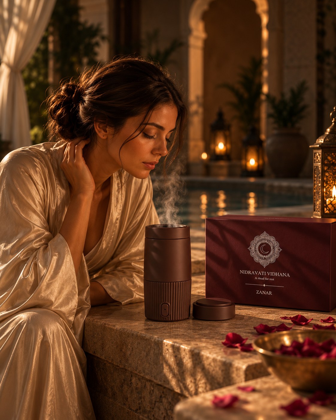 A woman in an ivory robe at the edge of a candlelit water court, the Nidravati Vidhana box on the stone ledge and vapour rising beside her.