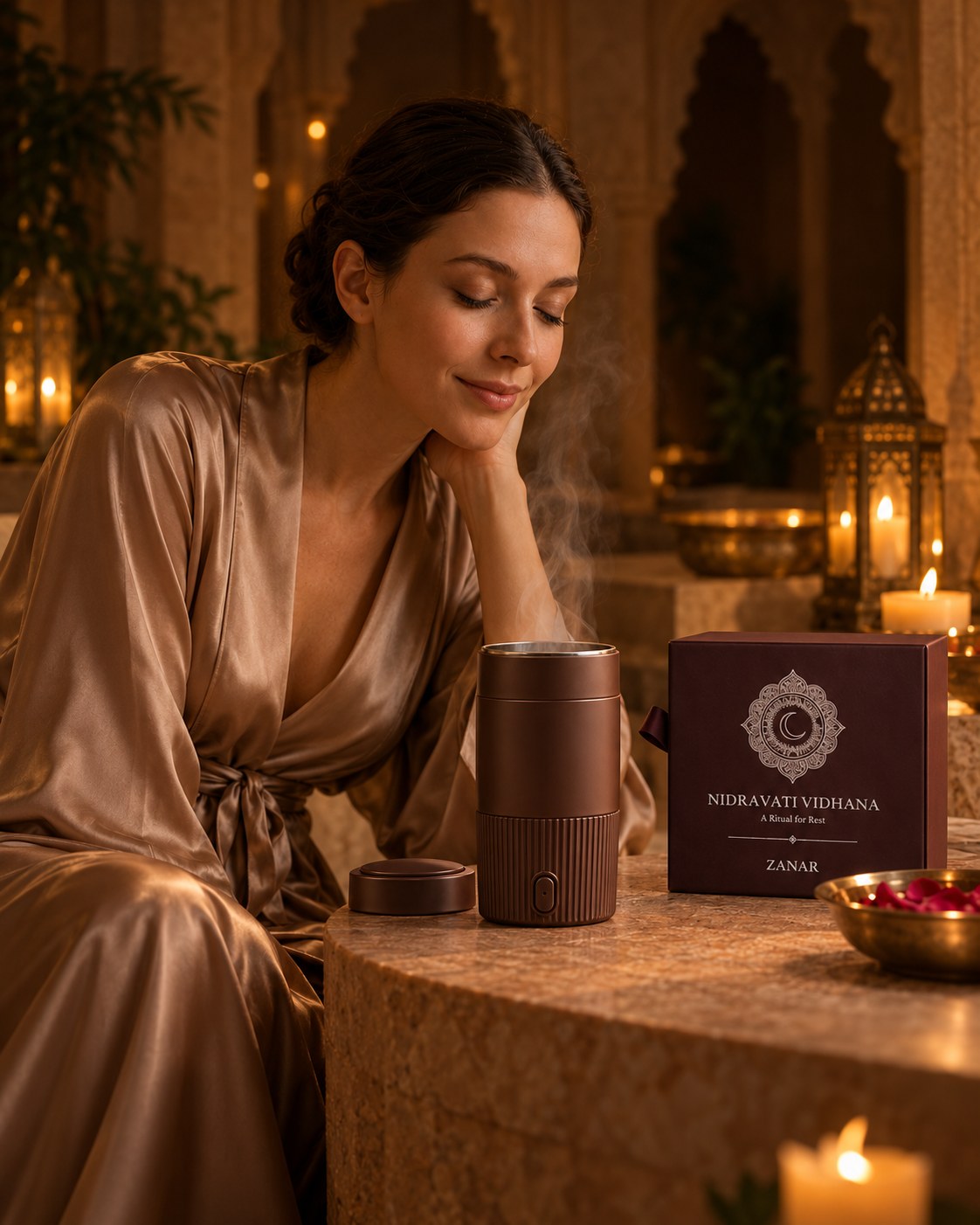 A woman in a silk robe rests her cheek on her hand beside the Nidravati Vidhana box and a steaming vessel.