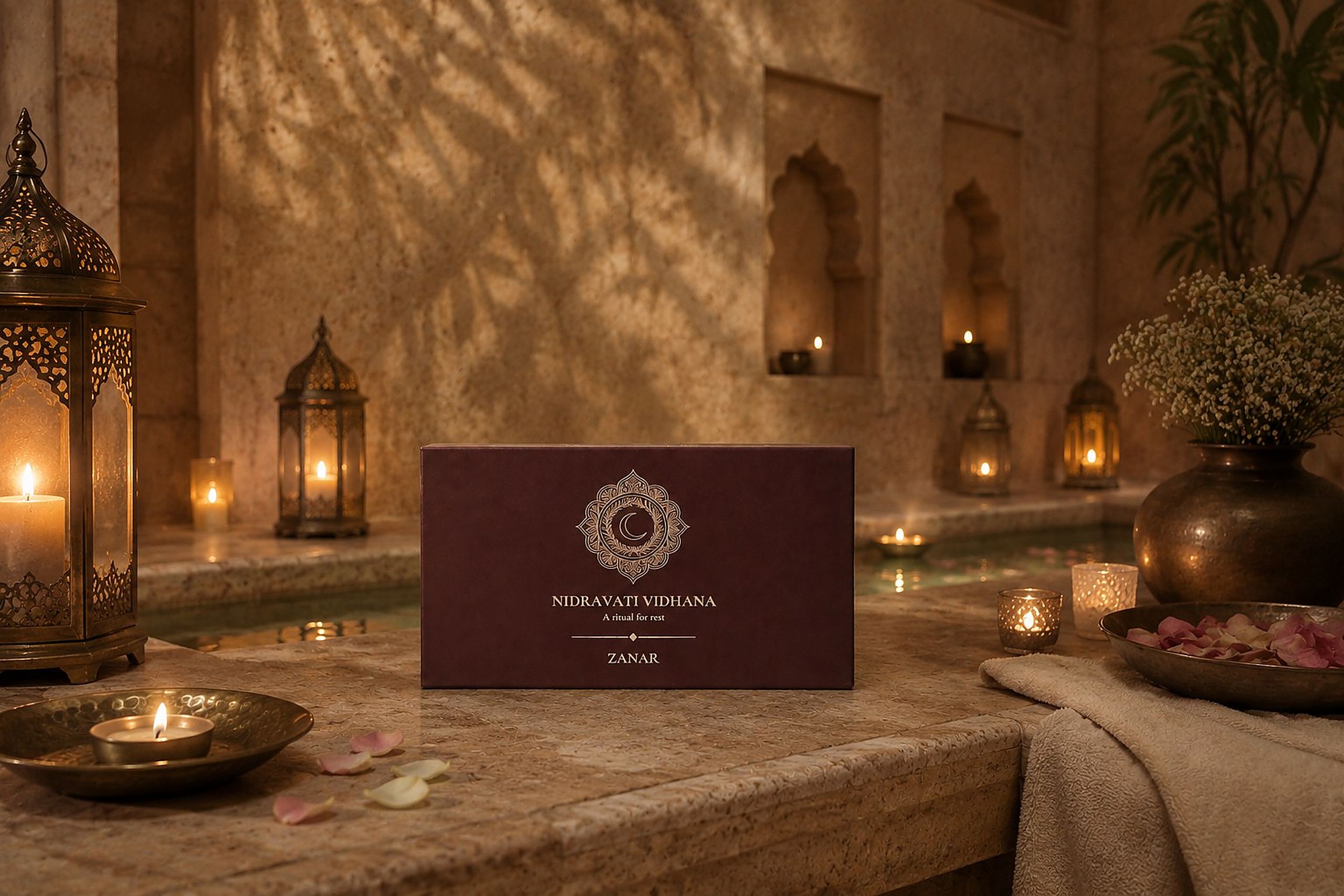 The Nidravati Vidhana box on a carved jali ledge in a lamplit suite