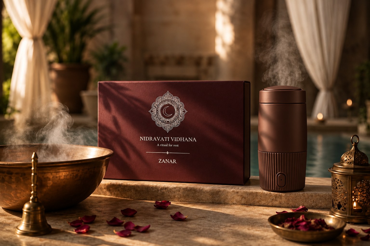 The Nidravati Vidhana box beside a portable kettle and a steaming copper bowl on a stone ledge, with a lantern and rose petals.